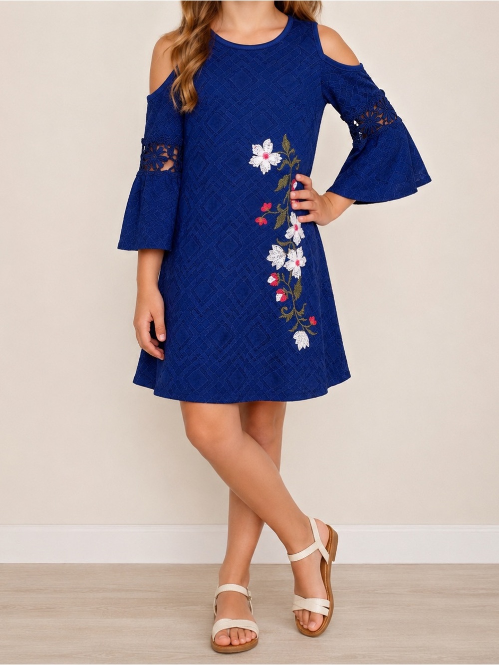 My Michelle Girls Size 8 Blue Floral Embroidered Cold Shoulder Bell Sleeve Dress